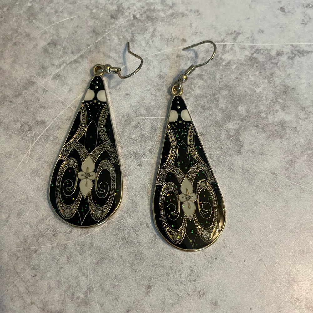 Vtg 1980's Gold Tone Resin Black Art Nouveau Revival Earrings Raindrop Wire